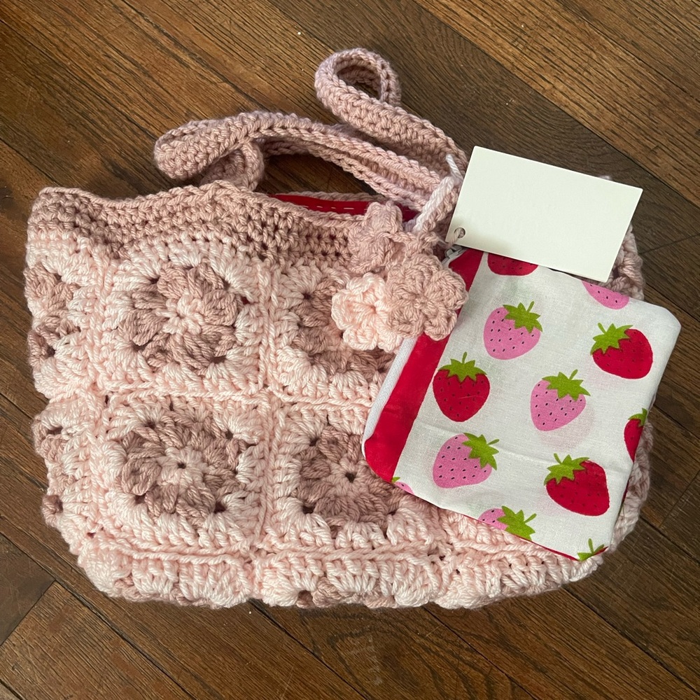 Pink Crochet Kids Bag with Strawberry Pouch